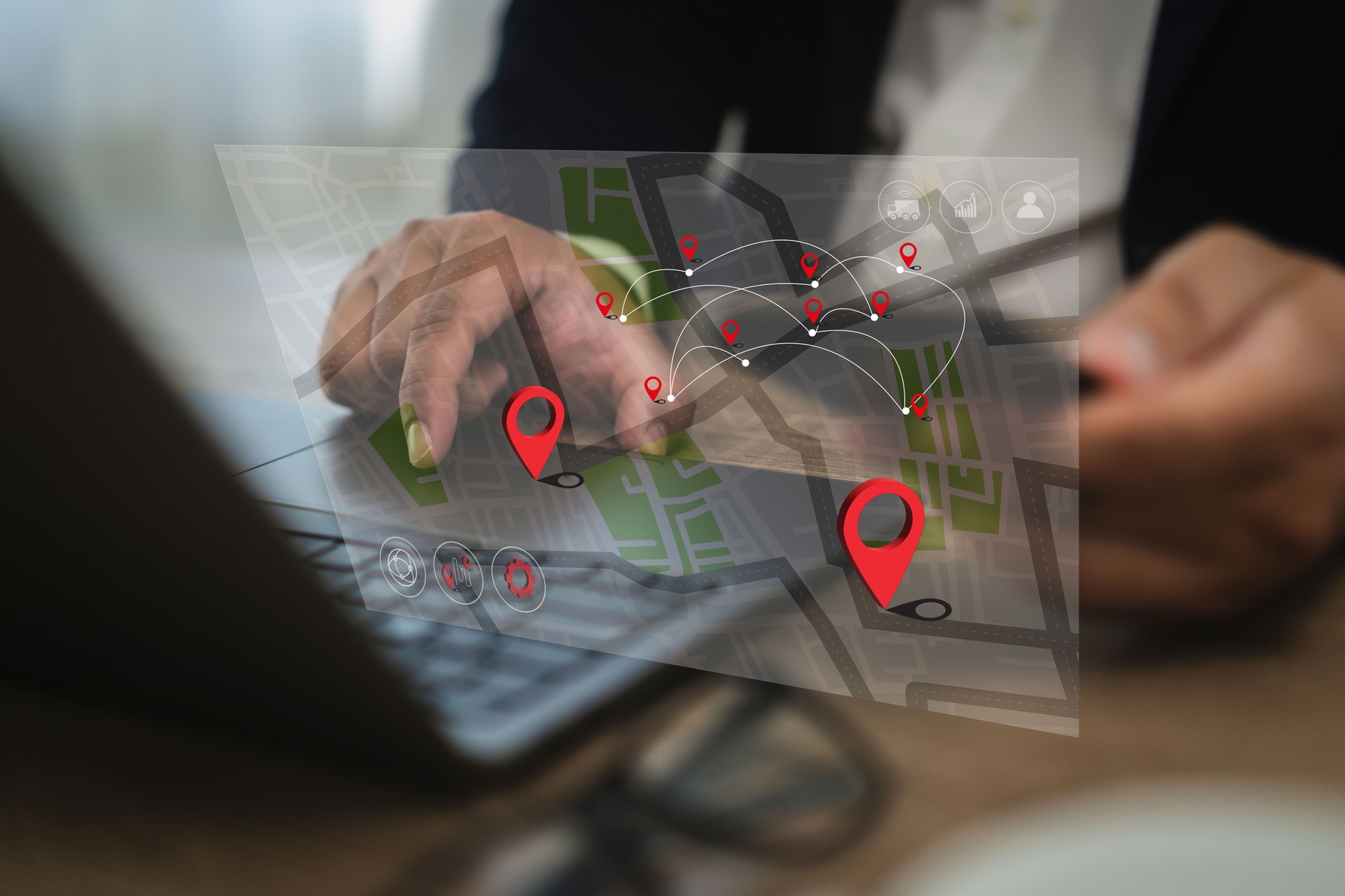 GPS tracking system real-time person interacts with digital map showing multiple location markers and route connections, indicating navigation
